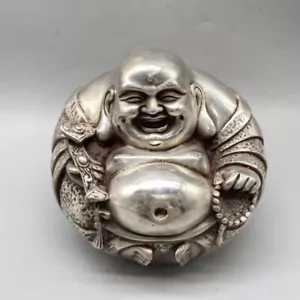 Chinese Old Tibet Silver Buddha Sitting Laughing Buddha Statue - Picture 1 of 2