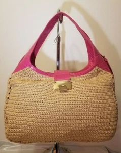 JIMMY CHOO HANDBAG Pink Embossed Croc Leather & Raffia - Bild 1 von 10
