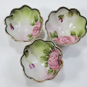 Vintage dreifüßige Schmuckschalen Schale handbemalt Moriage Floral rosa Rosen Design - Bild 1 von 4