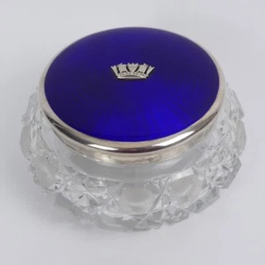 GEORGE V SILVER & BLUE ENAMEL HOBNAIL CUT GLASS POWDER BOWL G. LTD BIRM. 1935 - Picture 1 of 5