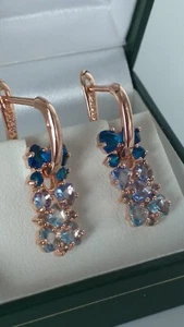 Vintage 1990-s 14 Ct Rolled Gold Aquamarine Zircons Earrings - Hallmarked 585 RG - Picture 1 of 10