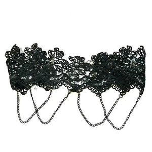 Black Lace Thick Choker Necklace with Hanging Chains Goth Silver Sparkles Collar - Picture 1 of 14