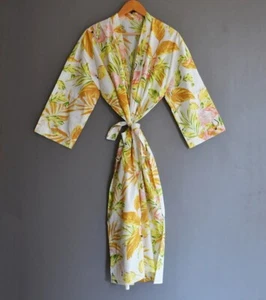 Indian Yellow Leaf Print Kimono Robes Night Maxi Gown Cotton Beachwear Kimono US - Picture 1 of 4