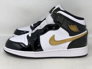 Air Jordan 1 Mid Gold Black Patent Sneakers, Size 6.5Y / 8W BNIB BQ6931-007 - Picture 1 of 8