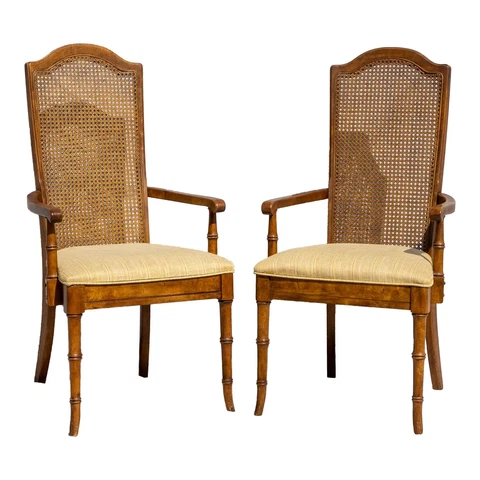 Pair Stanley Mid Century Modern Vintage MCM Faux Bamboo Cane Back Accent Chairs Cover