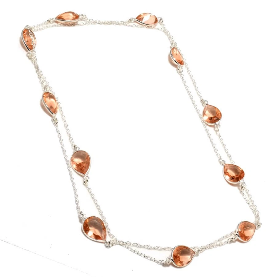 Peach Morganite Gemstone Handmaode 925 Sterling Silver Jewelry Necklace Size 36" - Image 1 of 1