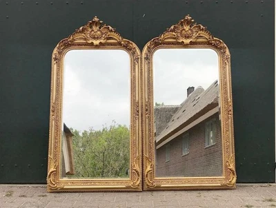 Mirrors Louis XVI French Antique Style Pair Gold Leaf Tall Ornate Wall Décor - Image 1 of 4