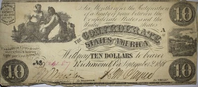 1861 $10 Confederate States Of America Currency Low Grade Dmg P189 - Image 1 of 2