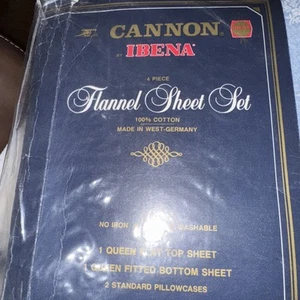 Vintage Cannon IBENA Flannel Sheet SET QUEEN BLUE White Cotton New Factory Seal - Picture 1 of 9