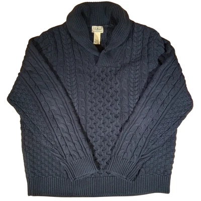 LL Bean Signature Sweater Mens XL Dark Navy Fisherman Cable Knit Cotton Heavy - Image 1 of 4