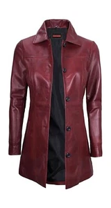 Abrigo largo de cuero de piel de cordero real borgoña para mujer - Blazer gabardina abrigo de invierno - Imagen 1 de 3