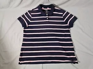 L.L. Bean Women's Polo Top Lg Blue pink Striped Short Sleeve Cotton Shirt - Picture 1 of 6