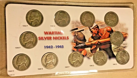 1942-1945 World War II Silver Jefferson Nickels 11 Coin Complete Set in Holder Cover