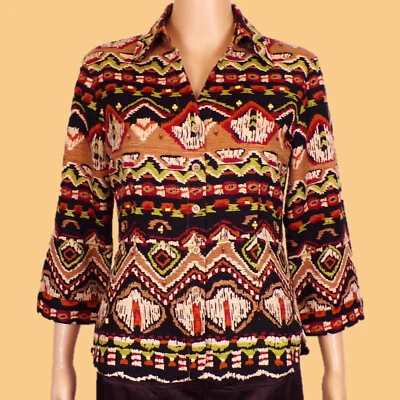 ¡SEDA! SILKLAND Blusa Talla S Multicolor Estampado Azteca Manga 3/4 100% Seda Exterior Foto 1 de 4