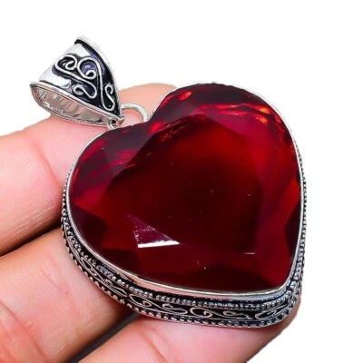 Red Garnet Gemstone Handmade 925 Sterling Silver Jewelry Heart Cut Pendant - Image 1 of 4