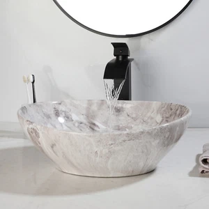 Fregadero de lavabo de cerámica redondo y grifo mezclador negro montado en la cubierta - Imagen 1 de 29