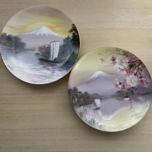 Noritake Plates 2 pieces Signed Keiji Ichinoki Naozo Hayashi Fuji & Ship 1920~ - Picture 1 of 18