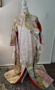 Vintage Japan Seide Hochzeit Kimono bestickt Kranich Vögel weiß silber & rot Blumenmuster - Bild 1 von 13