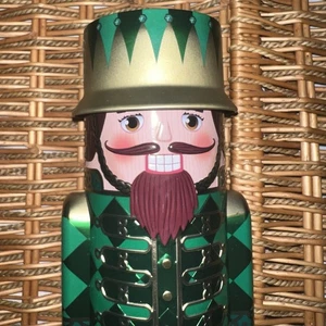 Silver Crane Co Green & Gold Nutcracker Tin Holiday Canister VGUC Christmas 12” - Picture 1 of 14