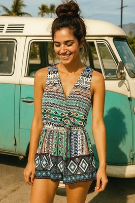 BeBop Sm Colorido Mameluco Pantalones Cortos Sin Mangas Boho Azteca Bolsillos Recortados Una Pieza Foto 1 de 4