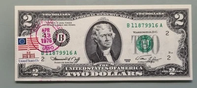 1976 Two Dollar Federal Reserve Note $2 with Stamp - First Day of Issue #96384 - Image 1 of 2