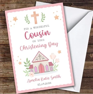 Personalised Christening Day Card For Cousin Girl Church Pink - Picture 1 of 1