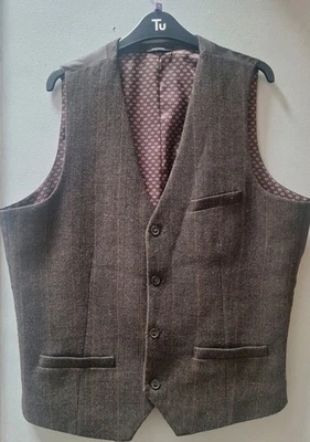 Cedar Wood State Brown Waistcoat Herringbone Wool Blend Large 41-43" Retro - Image 1 of 4