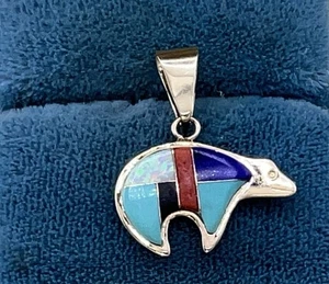 New 14K Genuine Opal Lapis Onyx Turquoise Coral Polar Bear Pendant - Picture 1 of 5
