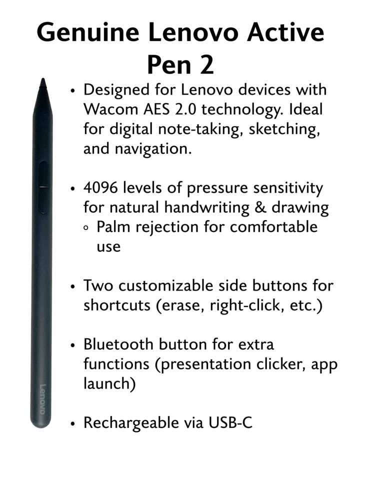 联想 Active Pen 2 (AES 2.0) – 兼容 Yoga、ThinkPad、Miix、Flex 型号 — 第 1/4 张图片