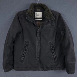American Eagle Jacket Mens Large Distressed Gray Flannel Lined Sherpa Collar Y2K - Bild 1 von 12
