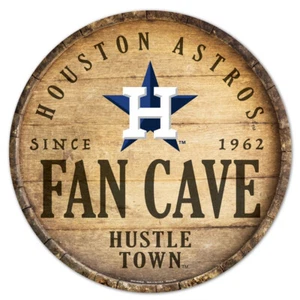 MLB  Houston Astros Fan Cave 14 Inch Round Barrel Top Wooden Sign - Picture 1 of 1