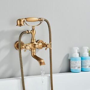 Antique Brass Clawfoot Tub Faucet Wall Mount Bathtub Filler Mixer W/Hand Shower