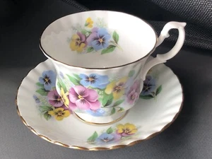 Royal Albert Bone China Teacup Saucer Yellow Purple Blue Pansy Flowers EUC - Picture 1 of 5