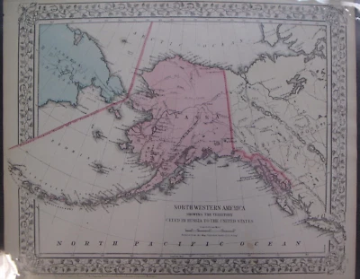 Antique Hand Colored Mitchell Map NW America Russia Alaska Aleutian Islands 1880 - Image 1 of 3