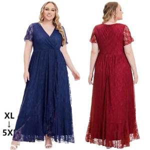 Women's Short Sleeve Lace Maxi Dress Evening Party Ruffle Long Dress Plus size - Picture 1 of 8