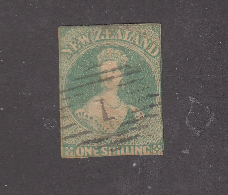 NEW ZEALAND # 10 ONE SHILLING CHALON # 1 DULEX CANCEL CAT VALUE $2000 - Image 1 of 1