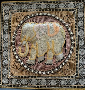 BURMESE / THAI KALAGA ELEPHANT HAND-EMBROIDERED TAPESTRY c.1930 FRAMED - Picture 1 of 10