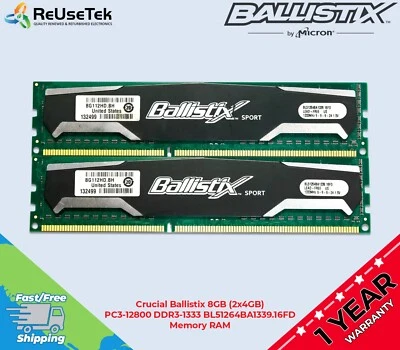 Crucial Ballistix 8GB (2x4GB) PC3-12800 DDR3-1333 BL51264BA1339.16FD Memory RAM - Image 1 of 4