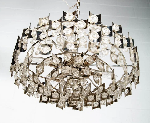 Mid Century Modern Chandelier Light Lamp Chrome Glass 6 light Vintage Silver Mcm Cover