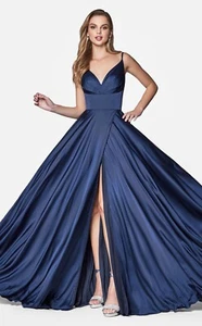 Women's Formal Navy Special Occasion V-neck High Slit Long Evening prom dress - Picture 1 of 6