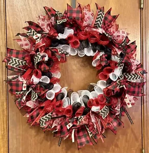 ❤️22” HANDMADE VALENTINES DAY CURLY DECO MESH WREATH RED, BLACK, WHITE❤️HEARTS - Picture 1 of 13
