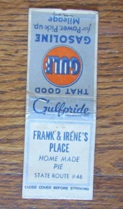 FRANK & IRENE'S GULF GASOLINERA MATCHBOOK CUBIERTA: STATE ROUTE 46 MATCHCOVER -B11 - Imagen 1 de 2
