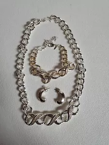 VTG SAQ Necklace Bracelet & Earrings Set Silver tone Rhinestone Fashion Jewelry - Picture 1 of 18