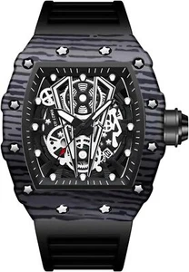 Square Watches for Men Skeleton Big Face Dial Silicone Strap Fashion Dress - Picture 1 of 6