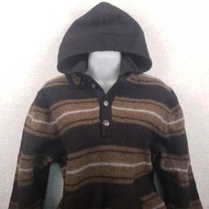 Toad&Co 100% Merino Wool Striped Hooded Henley Sweater Brown Black Medium - Picture 1 of 7