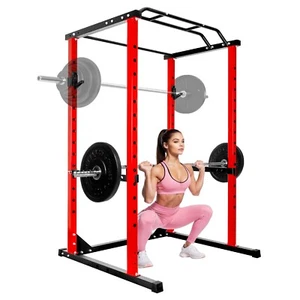 Power Cage Squat Rack Stands Gym 1200Lbs Capacity, Adjustable Barbell Frame Red - Picture 1 of 7