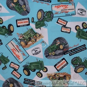 BonEful FABRIC FQ Cotton Quilt Blue Green JD Famous Tractor Logo Farm Boy Scout - Picture 1 of 13
