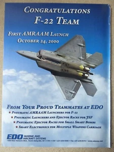 12/2000 PUB EDO FIRST AMRAAM LAUNCH F-22 LAUNCHER EJECTOR RACK ORIGINAL AD - Imagen 1 de 1