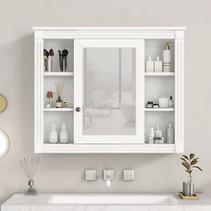 Medicine Cabinet Wall Mounted Storage Cabinet with Mirrored Door & Open Shelves - Picture 1 of 21