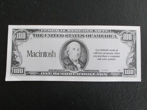 VTG 1996 APPLE MACINTOSH COMPUTER OVERSIZED $100 DOLLAR BILL PROMOTIONAL CERT - Picture 1 of 4